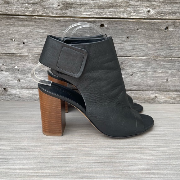Vince | Faye Leather Peep Toe Stacked Block Heel Booties - Picture 3 of 13